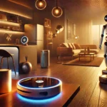 AI-powered devices in a modern home setting, including a Google Nest Hub Max, iRobot Roomba j7+, Ember Smart Mug 2, and Rabbit R1 robot, showcasing futuristic smart technology for everyday convenience.