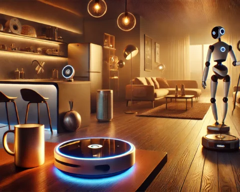 AI-powered devices in a modern home setting, including a Google Nest Hub Max, iRobot Roomba j7+, Ember Smart Mug 2, and Rabbit R1 robot, showcasing futuristic smart technology for everyday convenience.