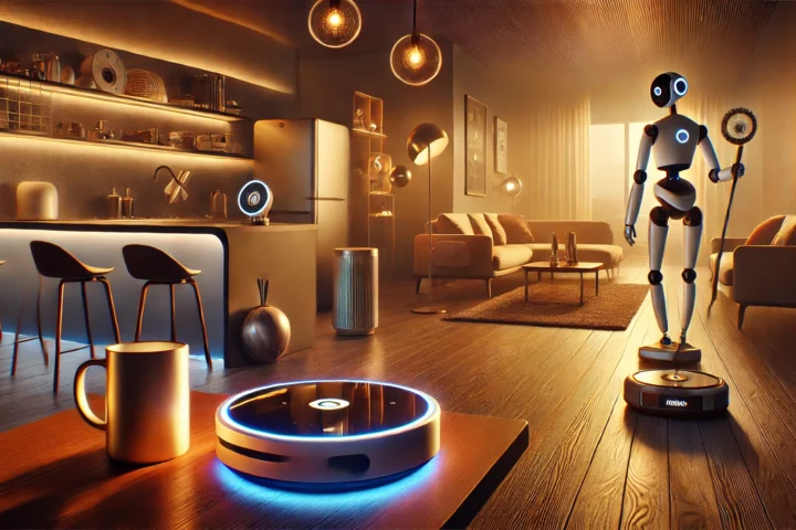 AI-powered devices in a modern home setting, including a Google Nest Hub Max, iRobot Roomba j7+, Ember Smart Mug 2, and Rabbit R1 robot, showcasing futuristic smart technology for everyday convenience.