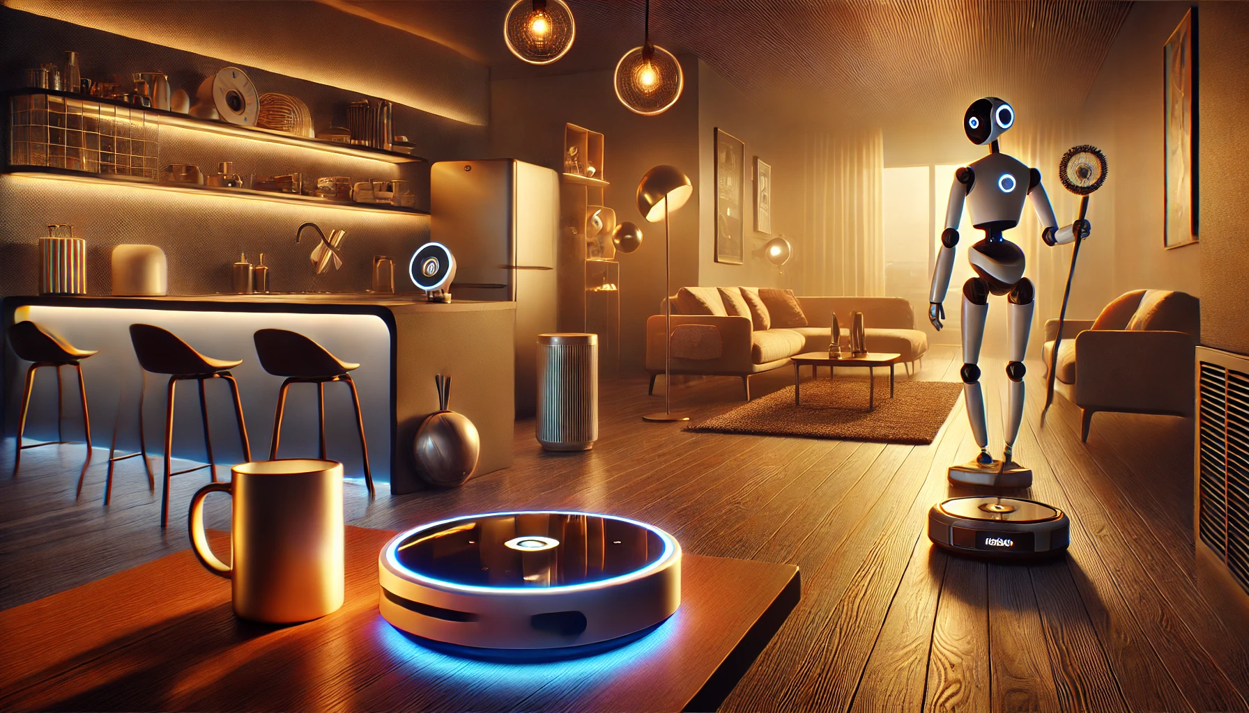 AI-powered devices in a modern home setting, including a Google Nest Hub Max, iRobot Roomba j7+, Ember Smart Mug 2, and Rabbit R1 robot, showcasing futuristic smart technology for everyday convenience.