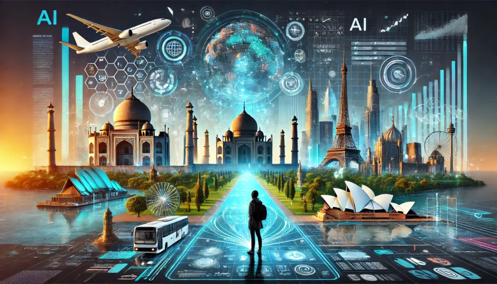 A person in casual travel attire standing in awe as an airplane flies over iconic landmarks like the Taj Mahal, Eiffel Tower, and Sydney Opera House, with digital overlays of holographic maps and data streams symbolizing AI-driven personalized travel experiences.