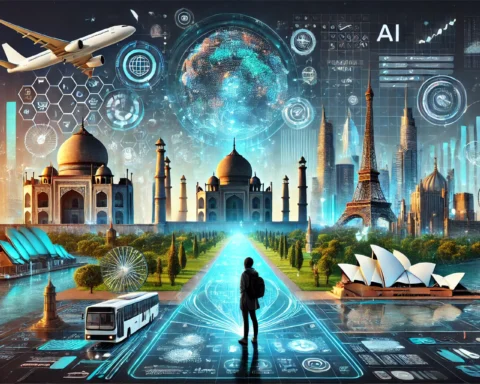 A person in casual travel attire standing in awe as an airplane flies over iconic landmarks like the Taj Mahal, Eiffel Tower, and Sydney Opera House, with digital overlays of holographic maps and data streams symbolizing AI-driven personalized travel experiences.