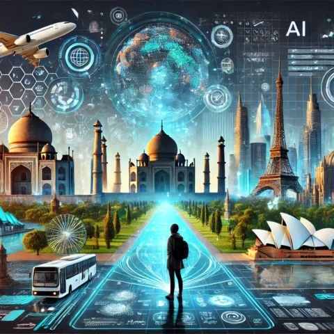 A person in casual travel attire standing in awe as an airplane flies over iconic landmarks like the Taj Mahal, Eiffel Tower, and Sydney Opera House, with digital overlays of holographic maps and data streams symbolizing AI-driven personalized travel experiences.