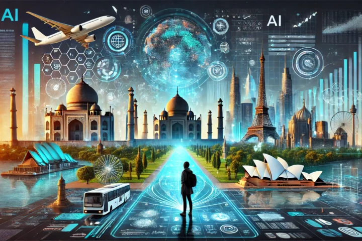 A person in casual travel attire standing in awe as an airplane flies over iconic landmarks like the Taj Mahal, Eiffel Tower, and Sydney Opera House, with digital overlays of holographic maps and data streams symbolizing AI-driven personalized travel experiences.